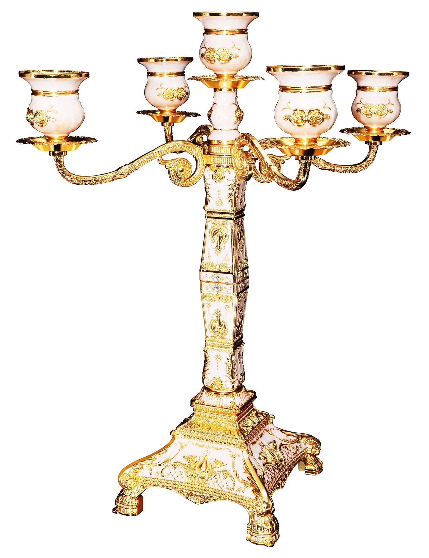 RosyLine Metal Candelabra 17" Height, Candle Holder with 5 Arms,Antique Bronze Furnish Candle Holder, Centerpiece for Home Decro,Wedding Event, Party,1 Pack (Golden)