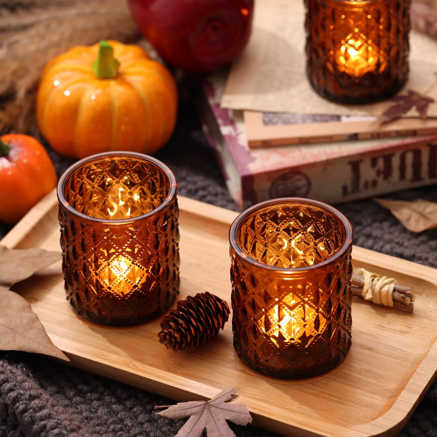 MATAHUM 12Pcs Large Votive Candle Holders 2.8 * 3.2in Amber Tea Light Candle Holders Glass Candle Holder for Bridal Shower, Wedding, Table Centerpiece, Party, Home Decor