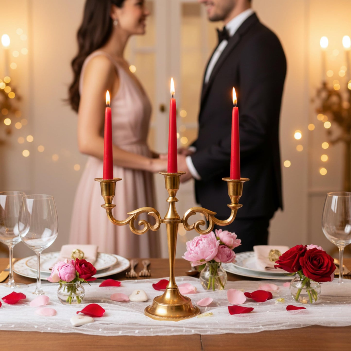 Rely+ 3 Arm Candelabra Taper Candle Holders Decorations Indoor Kitchen Décor Table Candles Candlestick Candelabra Centerpiece (Gold)