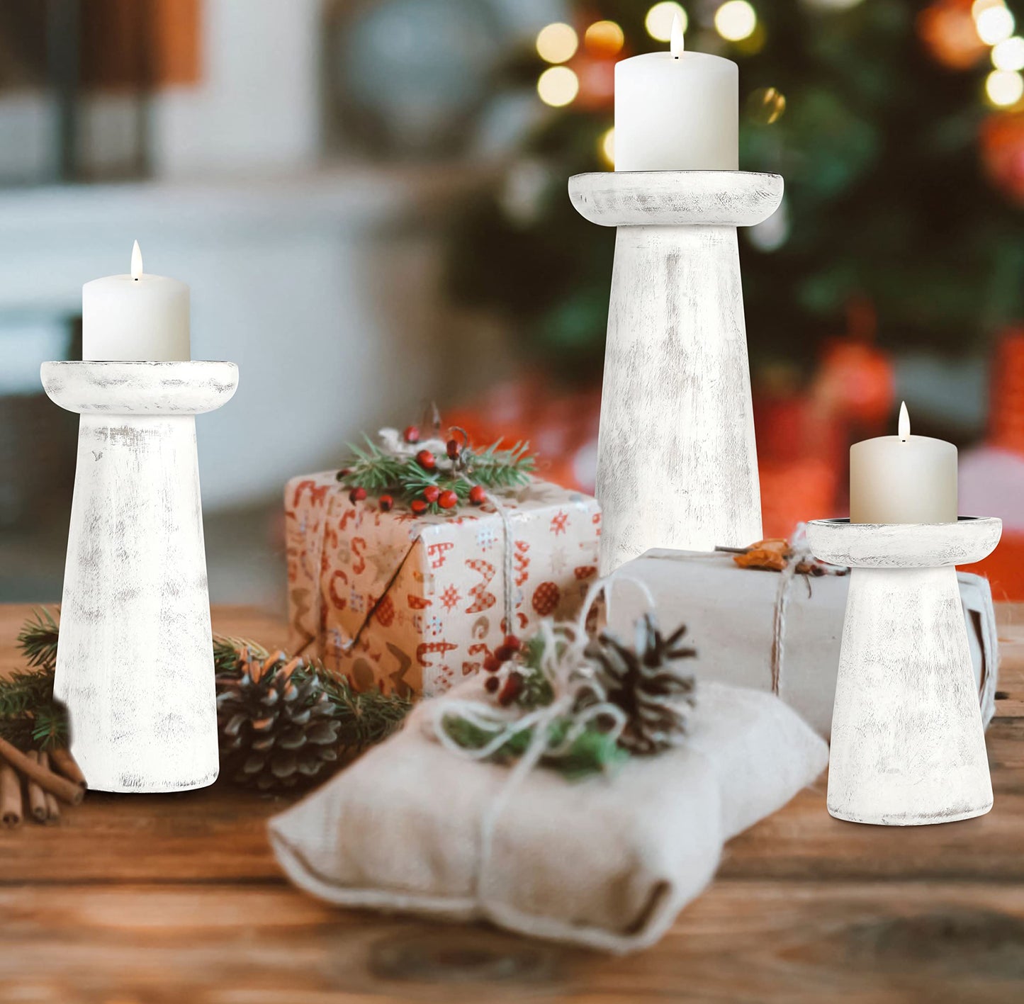 Hand Crafted Wooden Pillar Candle Holder Set of 3, Ideal for LED and Pillar Candle, Gift for Wedding, Christmas, Party, Home, Spa, Reiki, Aromatherapy,Votive Candle Gardens, 10,8,6 Inch, Antique White