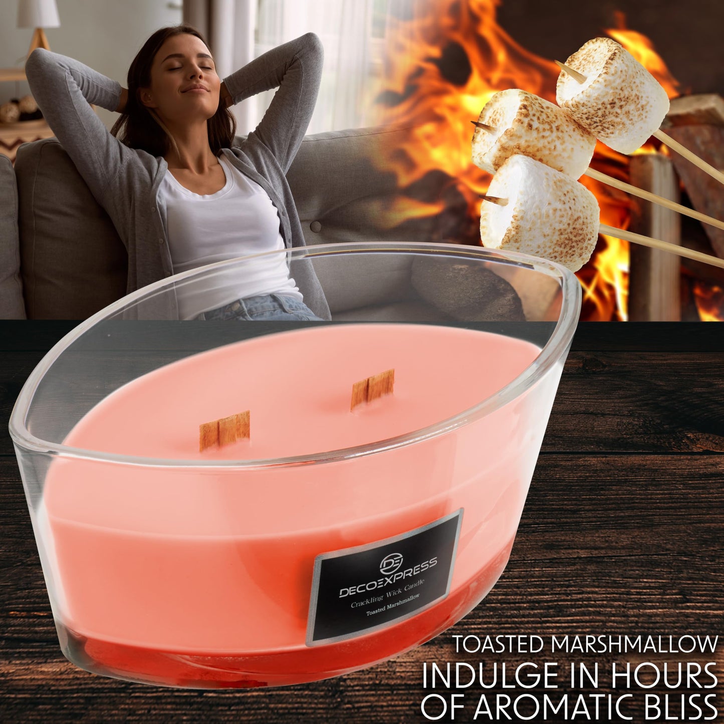 DECO EXPRESS Scented Candles, Crackle Double Wick Candles, Long 50 Hours Burn Time, Home Decor & Gift Ideas (Toasted Marshmallows)
