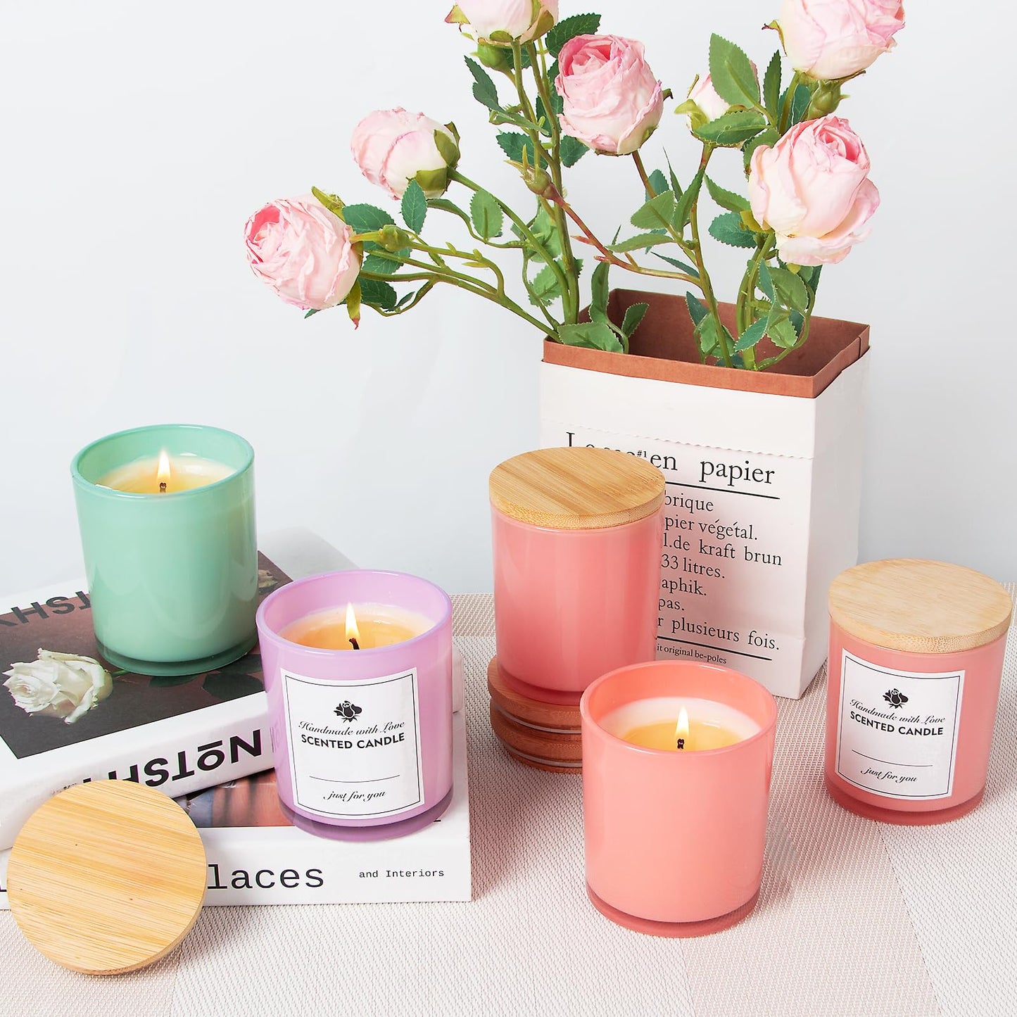 CONNOO 12 Pack 10 OZ Colorful Glass Candle Jars for Making Candles with Airtight Bamboo Lids Nice Sticky Warning Labels for Candle Making Empty Container Bulk - Dishwasher Safe