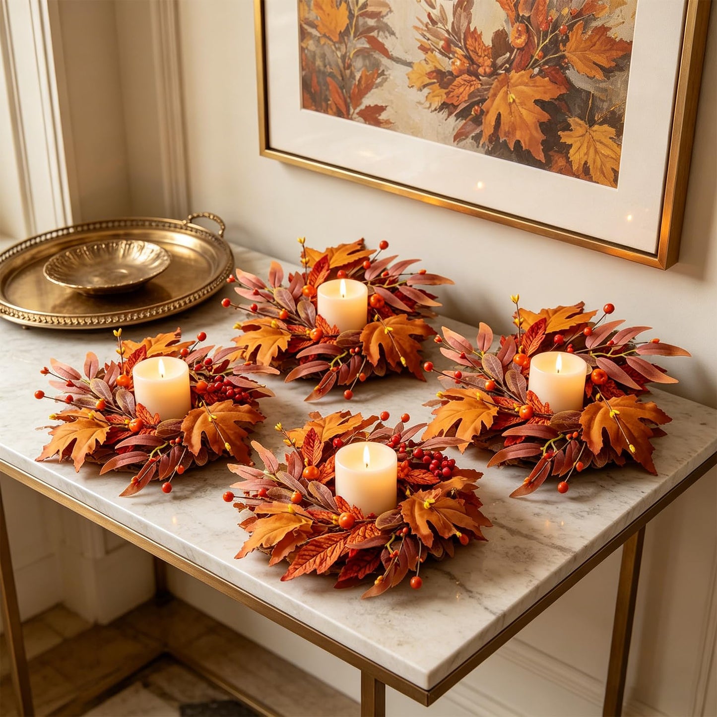 4 Pcs Mini Fall Wreaths Thanksgiving Table Centerpieces Fall Candle Rings 9 Inch Maple Leaf Wreaths for Cabinets Farmhouse Autumn Wreath for Front Door Porch Wall Window Decorations