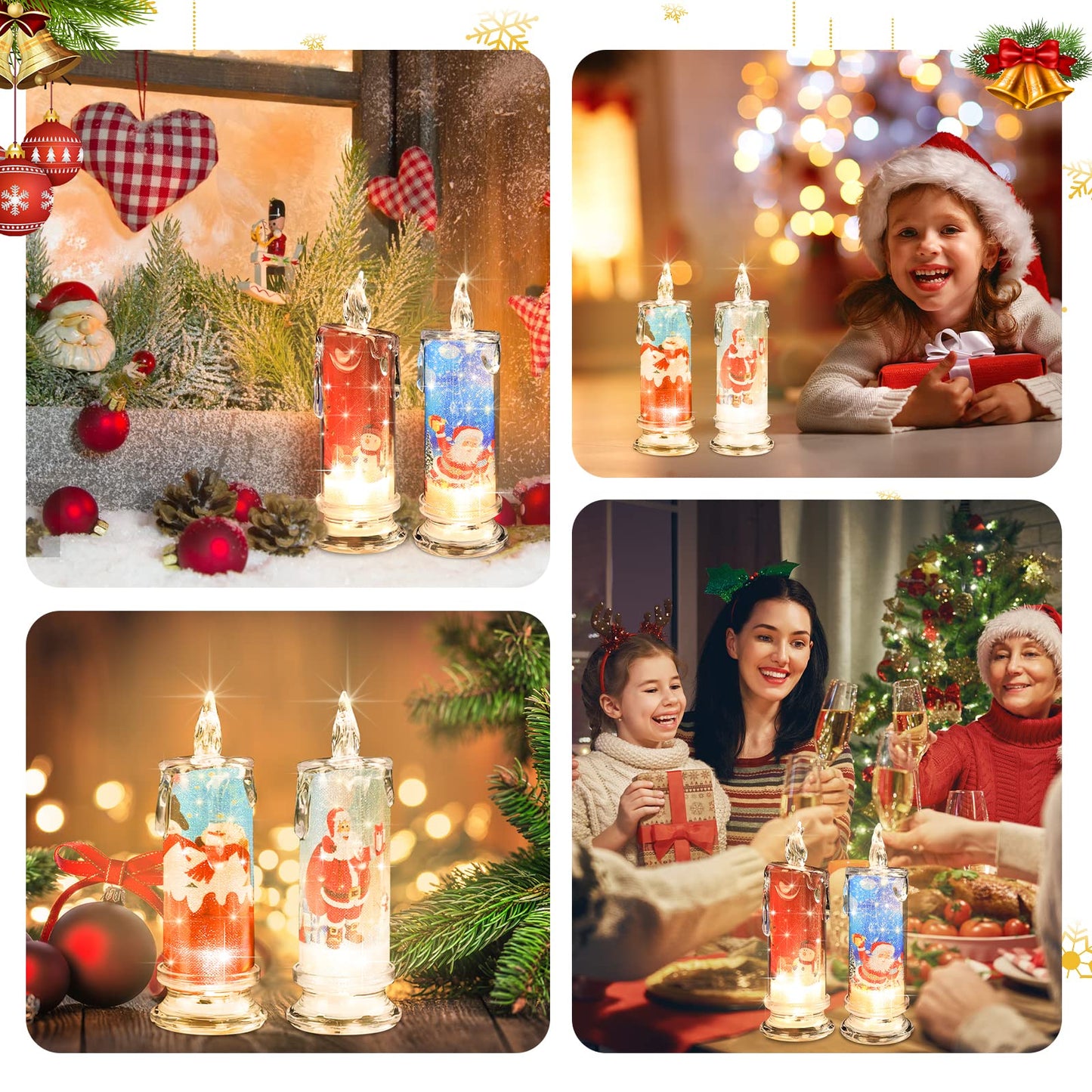 SupBri Flameless LED Candles Set of 4 with Santa Claus, Snowman Decals - Battery Operated Christmas Themed Festival Gift Decorations