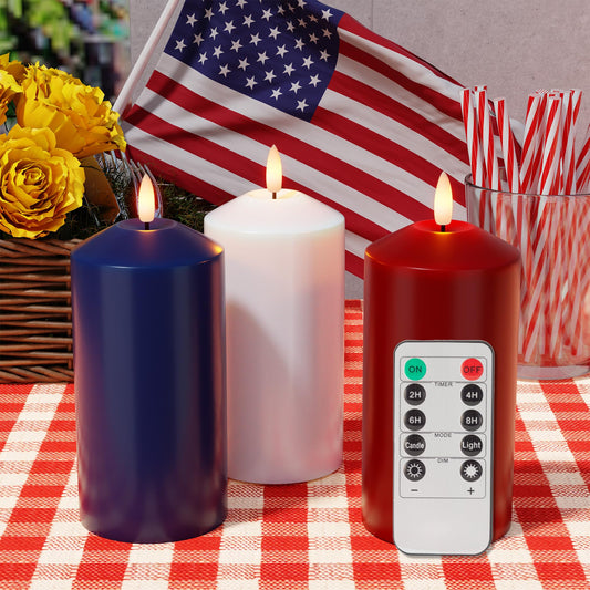 AFINETH Patriotic Red White and Blue Candles, Real Wax Flameless Pillar Candles with Remote, 4th of July Led Candles, Independence Day Flameless Candles for Patriotic Decor, 3 Pack (D 3" x H 6")