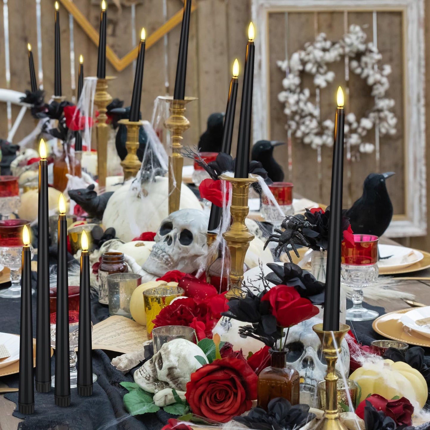Rossesay 24 Pcs Flameless LED Taper Candles Battery Operated Candle 8.5", 9.65", 10.8", 12.8" Flameless Candlesticks Flickering for Christmas Church Wedding Indoor Decoration(Classic, Black)