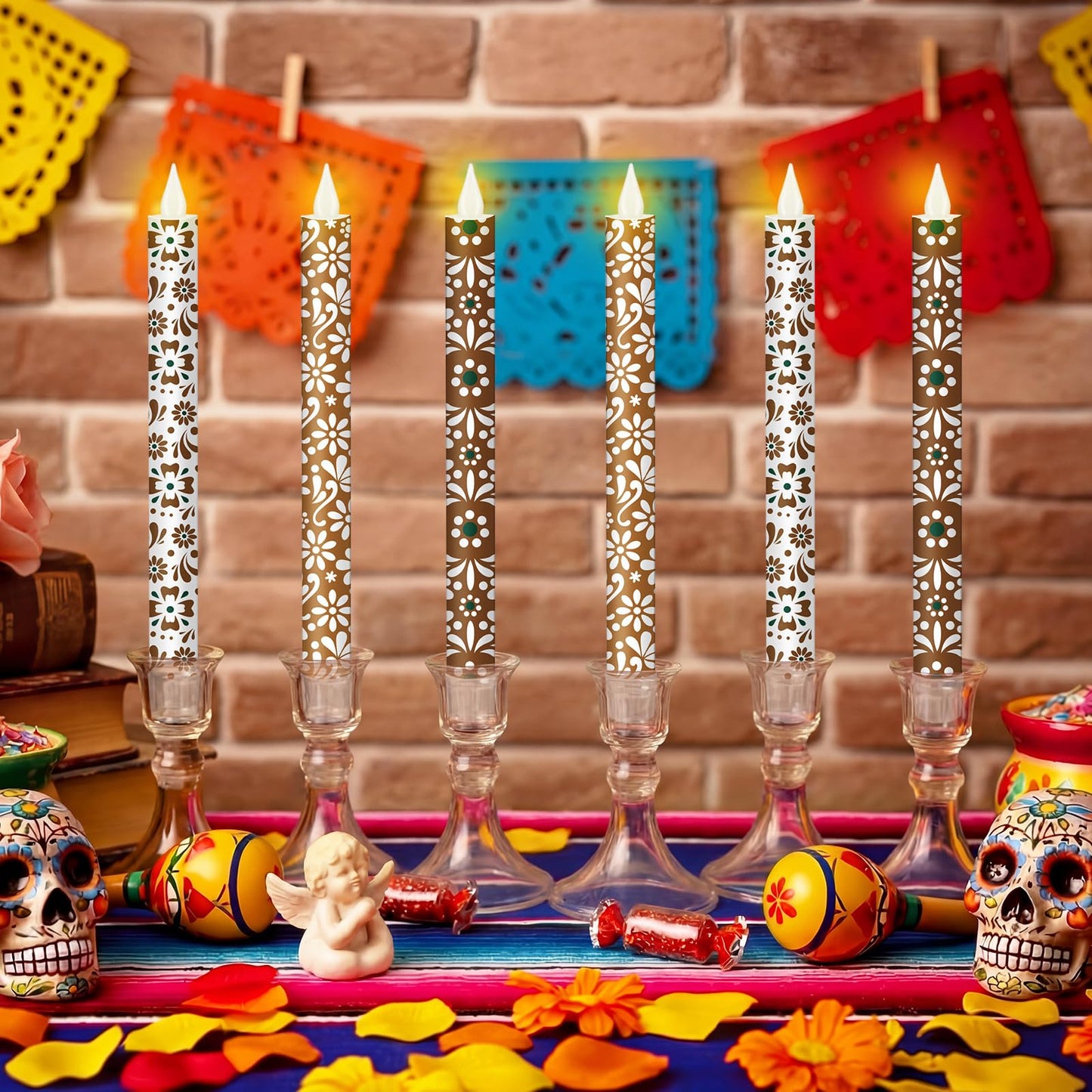 Lyrow 6 Pcs Mexican Cielito Lindo Flameless Taper Candles 11 Inch Real Wax LED Candles Flickering Battery Operated Candlesticks for Mexican Day of the Dead Home Dinner Holiday Decor Mexico Gifts