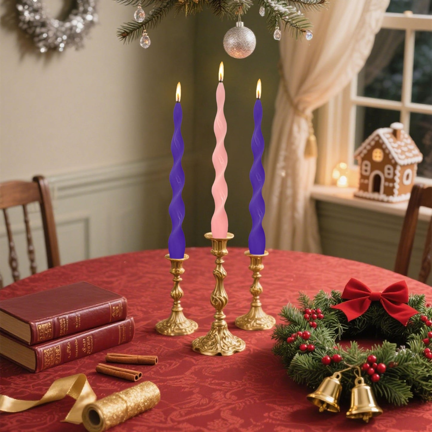 NJAO HOO Advent Purple Pink Spiral Taper Candles 10 Inch Twisted Christmas Candlesticks Unscented Ripple Tapered Candles Set for Dinner Table Party Wedding, 4 Pcs
