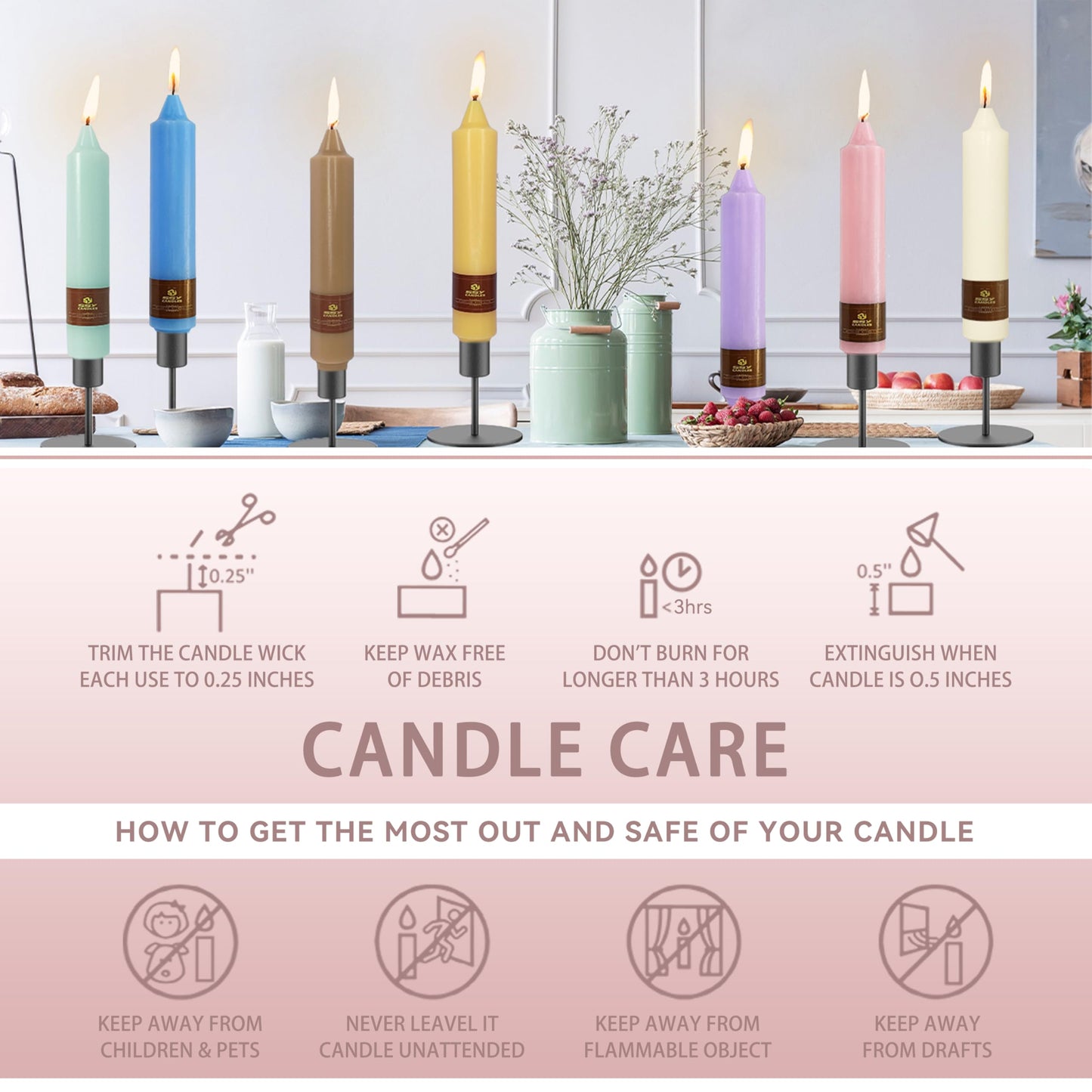Pastel Candle Short Taper Candle 7 Inch Candlesticks Unscented Dripless Tapered Candle Set for Home Decor Wedding Party Dinner, 4 Pack