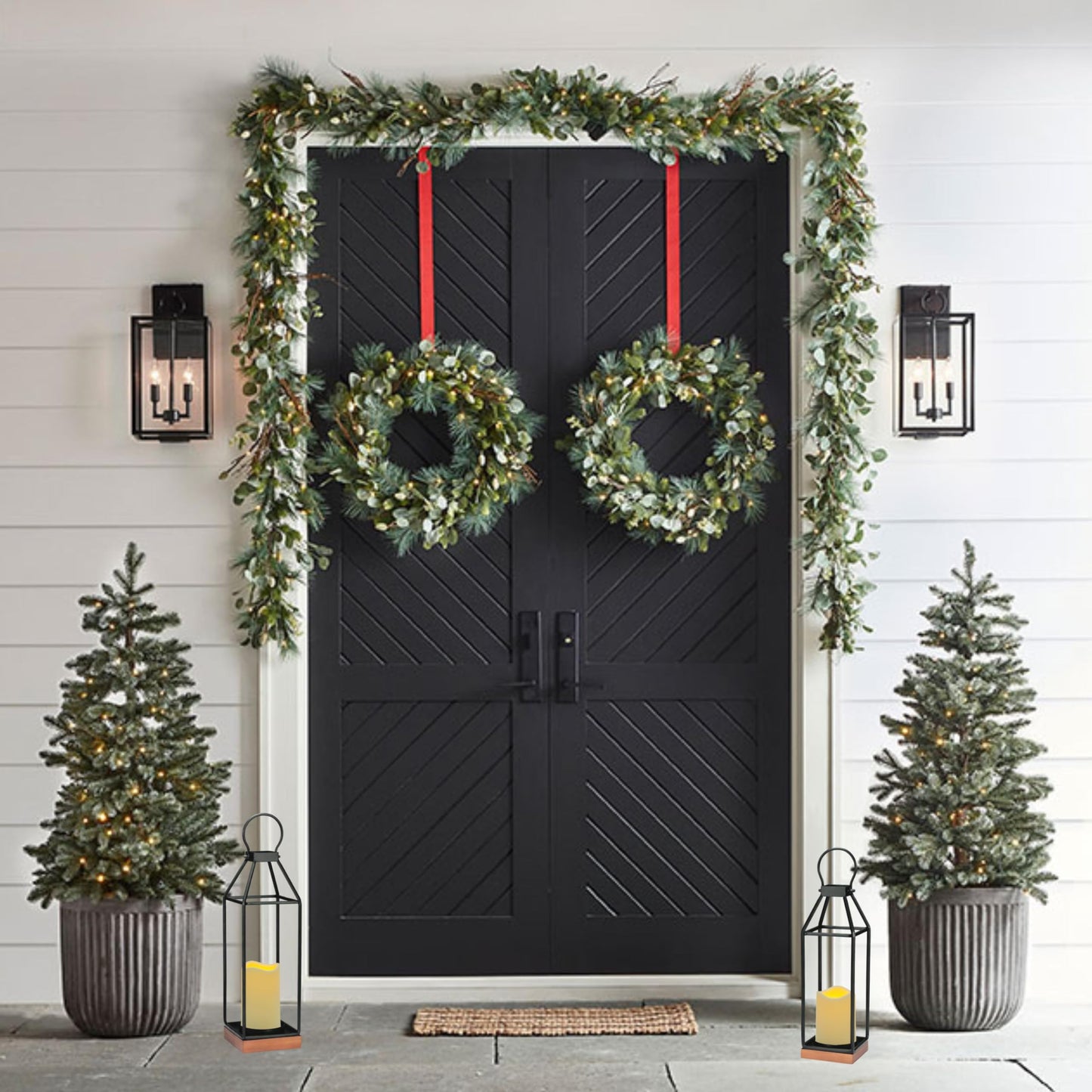 Perfnique Metal Lanterns w/ Pine Wood, Set of 2 Farmhouse Lantern Decorative w/ Waterproof Flameless Candle & Remote Timer, Modern Farmhouse Candle Holder for Outdoor, Porch, Fireplace(Wood Base)
