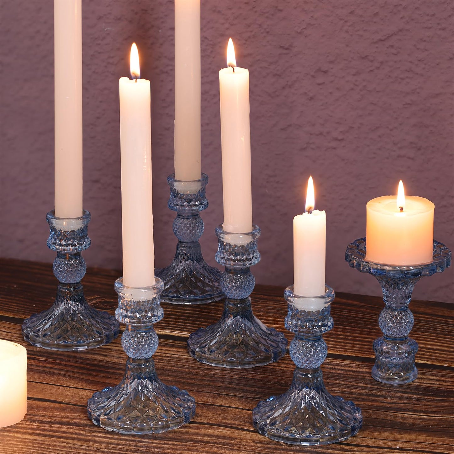 DARJEN 12Pcs 4" H Aqua Blue Candlestick Holders Set- Taper Candle Holders Bulk, Glass Candle Holders for Wedding, Party, Romantic Dinner Table Centerpieces, Festival Gifts & Windowsill Decor