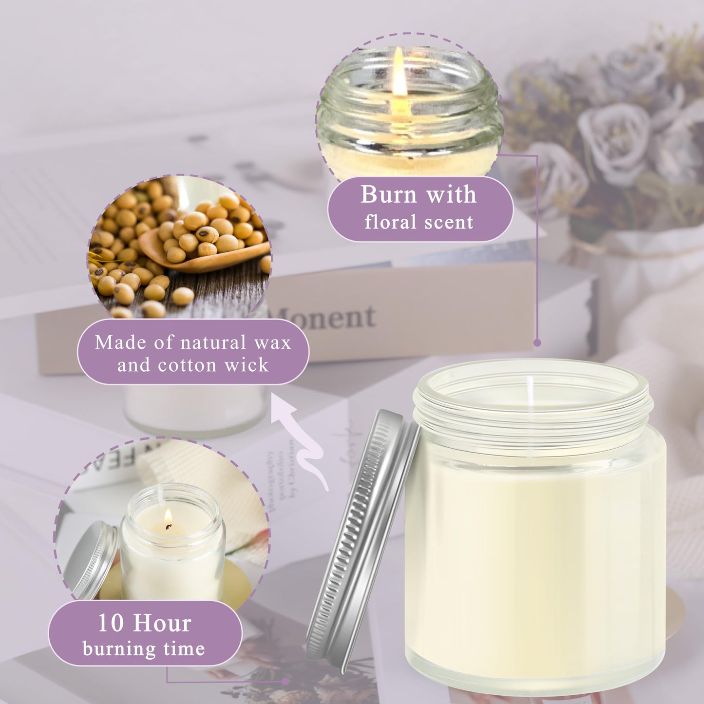 ACITHGL 36 Pcs 4oz Mini Mason Jar Candles Small Scented Candles Bulk Aromatherapy Ideal Souvenir Favors for Wedding Birthday Party (Freesia, Lavender, Jasmine, Silver)