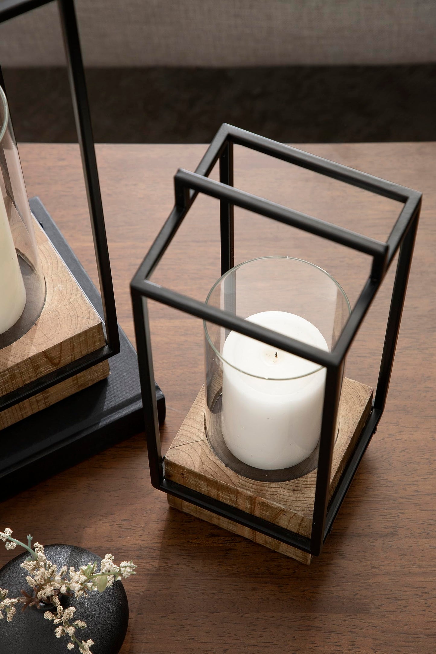 Kate and Laurel Brandt Farmhouse Two-Piece Candle Holder Set; 7 x 7 x 19; Hazelnut and Black; Transitional Wood and Metal Lantern Candle Holders for Fireplace Mantel Display