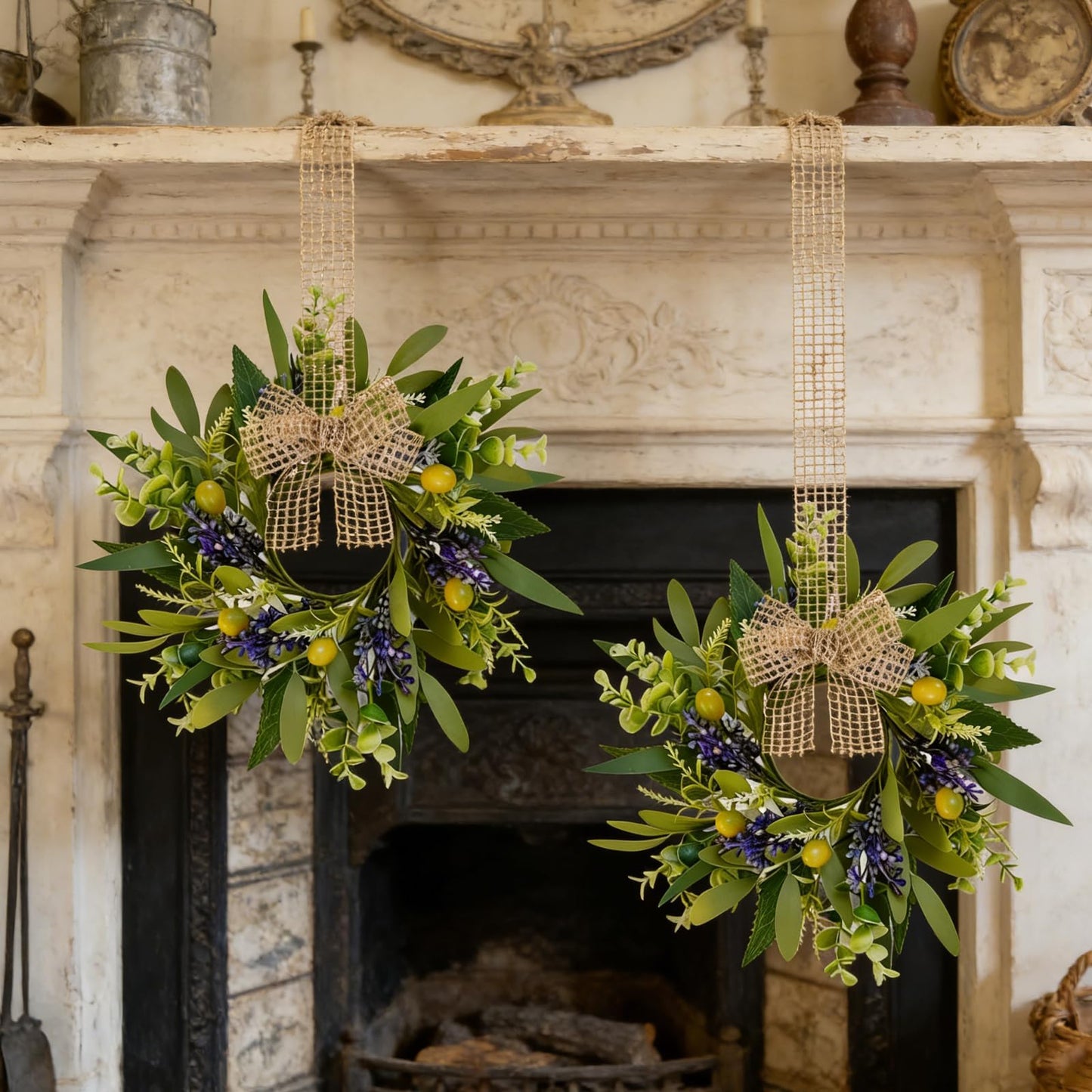 4 PCS Green Eucalyptus Olive Swag Wreaths for Pillars Spring Summer Greenery Kitchen Cabinet Wreaths Mini Green Boxwood Leaves Wreath with Ribbon for Front Door Porch Wall Window Farmhouse Decoration