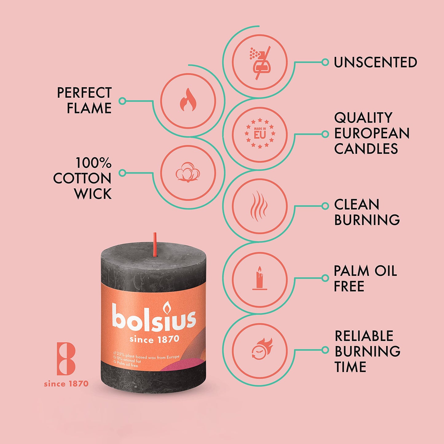 BOLSIUS 4 Pack Black (Stormy Gray) Rustic Pillar Candles - 2.75 X 3.25 Inches - Premium European Quality - Includes Natural Plant-Based Wax - Unscented Dripless Smokeless 35 Hour Spa Décor Candles