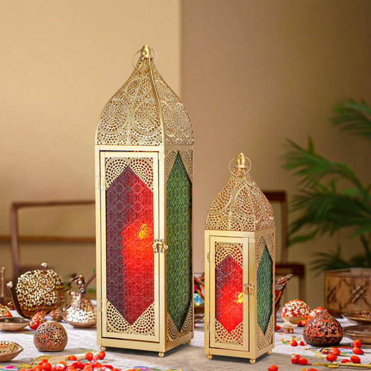 TRIROCKS Set of 2 Moroccan Candle Lanterns 23''&15.5'' H Decorative Candle Holder Hanging Lanterns with Embossed Colored Tempered Glass Ramadan Decorations for Home Outdoor Indoor Patio Weddings(Gold)