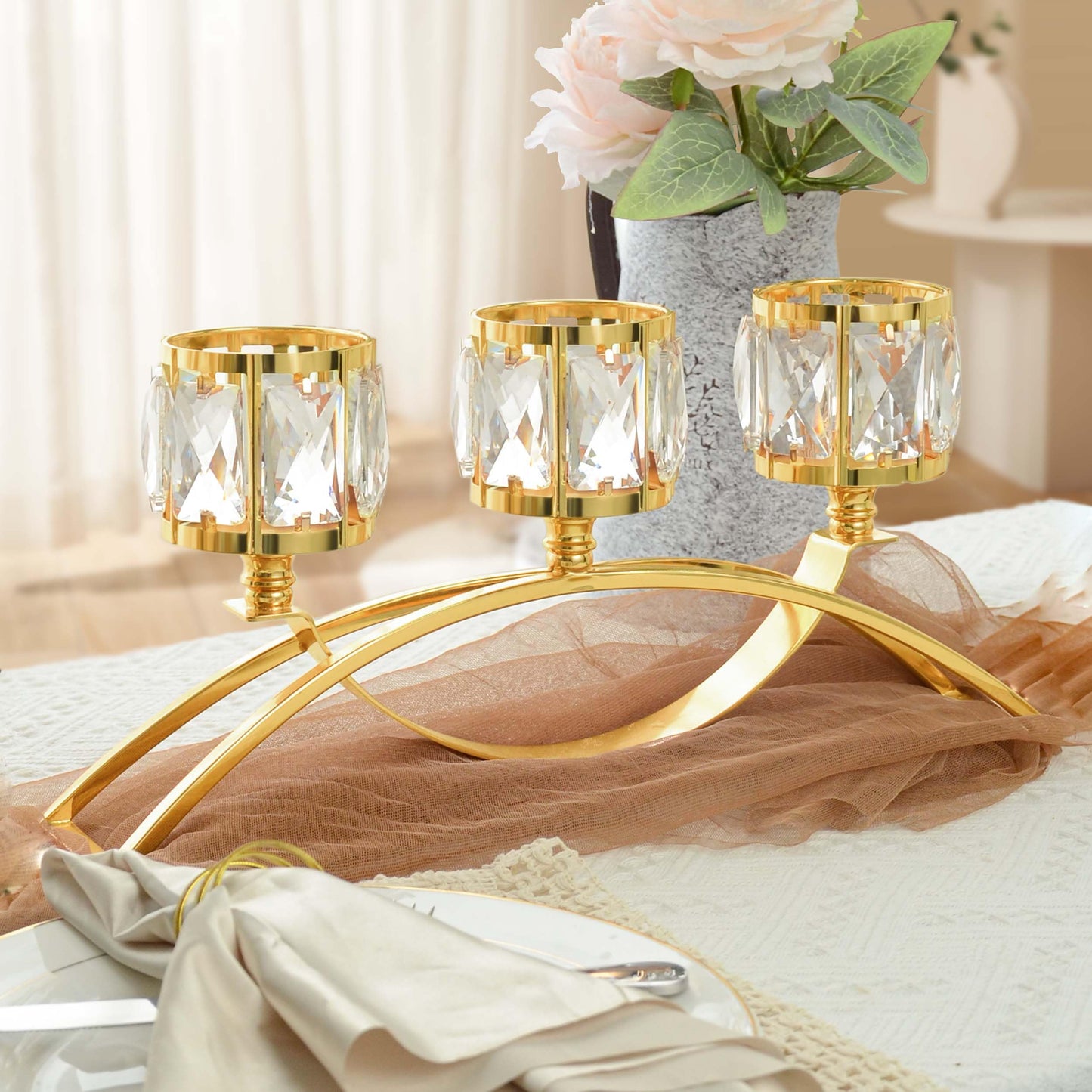 3 Arms Crystal Bowl Tealight Candelabra Votive Candle Stand, Wedding centerpieces for Tables Crystal Candlestick，Centerpiece Table Decorations (Pure Gold)