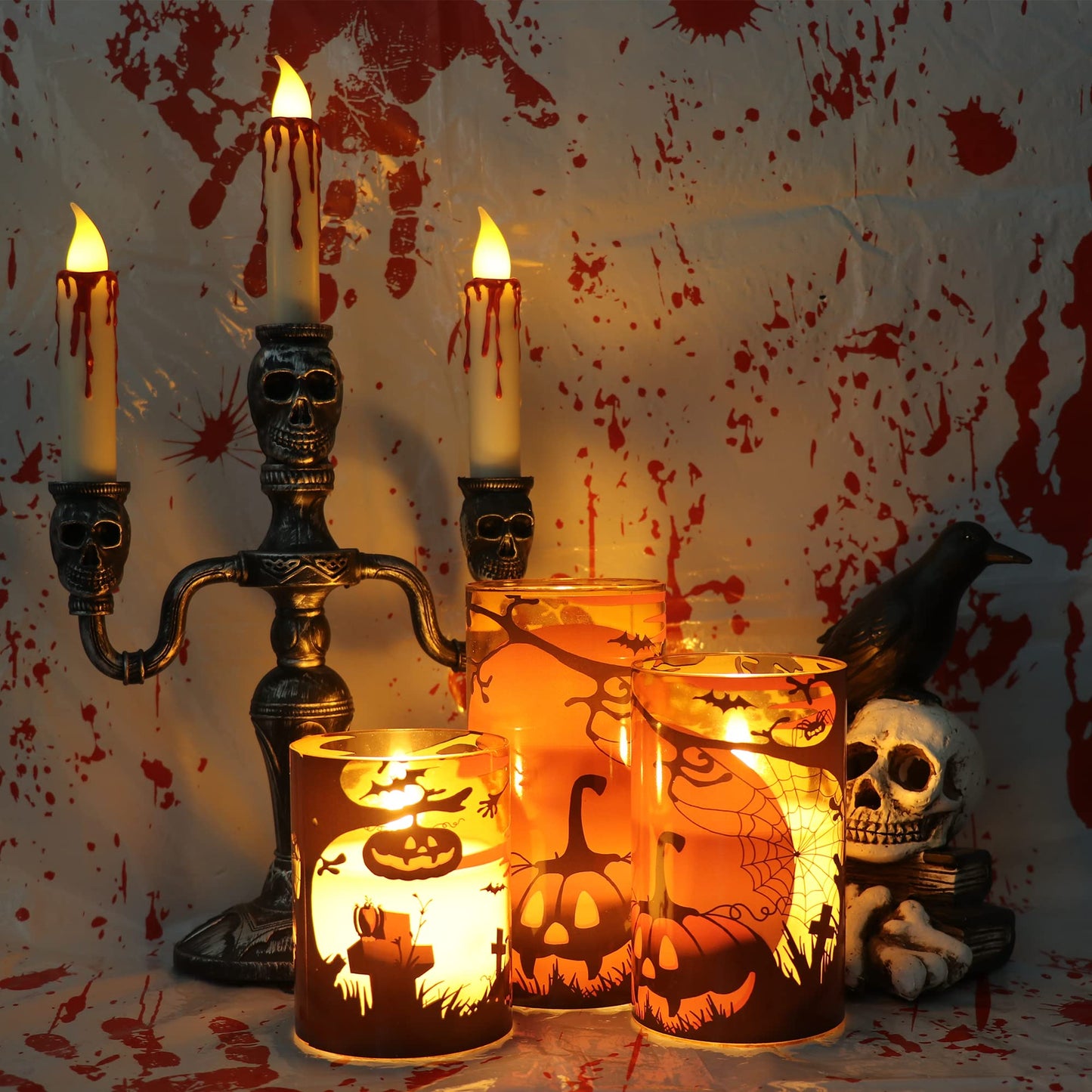 GenSwin Halloween Candles with Pumpkins, 3 Pack Flameless Candles with Remote Timer, Orange Pumpkin Glass Candles Battery Operated with Spiderweb, Halloween Spooky Indoor Decorations (D3” x H4”5”6”)