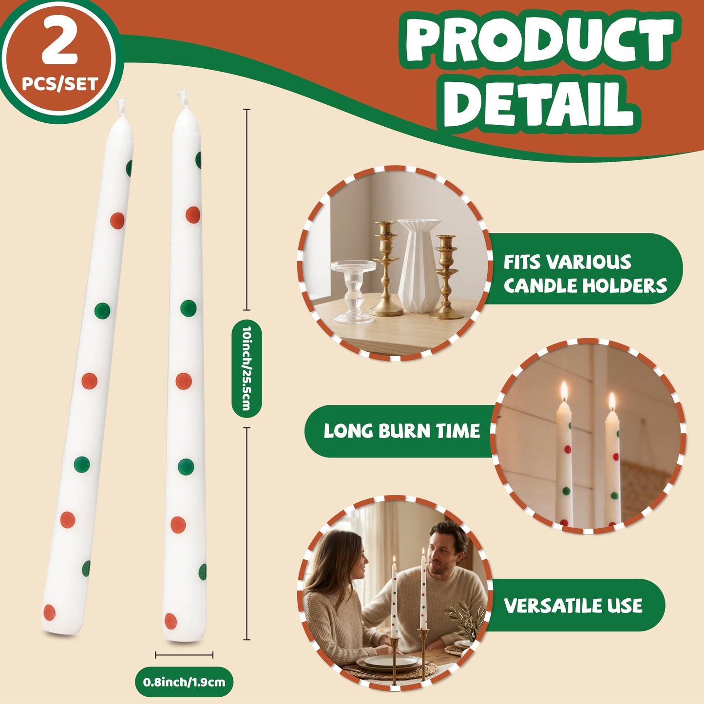 2 Pack Taper Candles, 10 Inch Unscented Candlesticks with Green Stripe Design for Holiday Table Centerpiece, Fireplace Mantel, Winter Weddings, Advent Wreaths, Seasonal Home Decor
