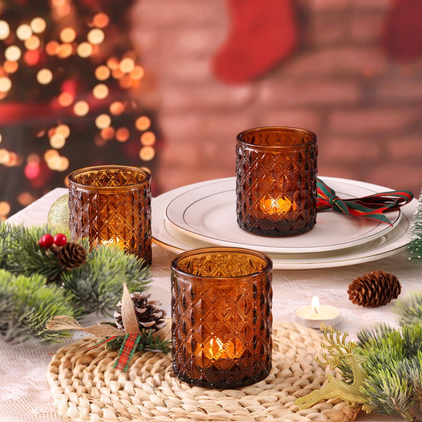 MATAHUM 12Pcs Large Votive Candle Holders 2.8 * 3.2in Amber Tea Light Candle Holders Glass Candle Holder for Bridal Shower, Wedding, Table Centerpiece, Party, Home Decor
