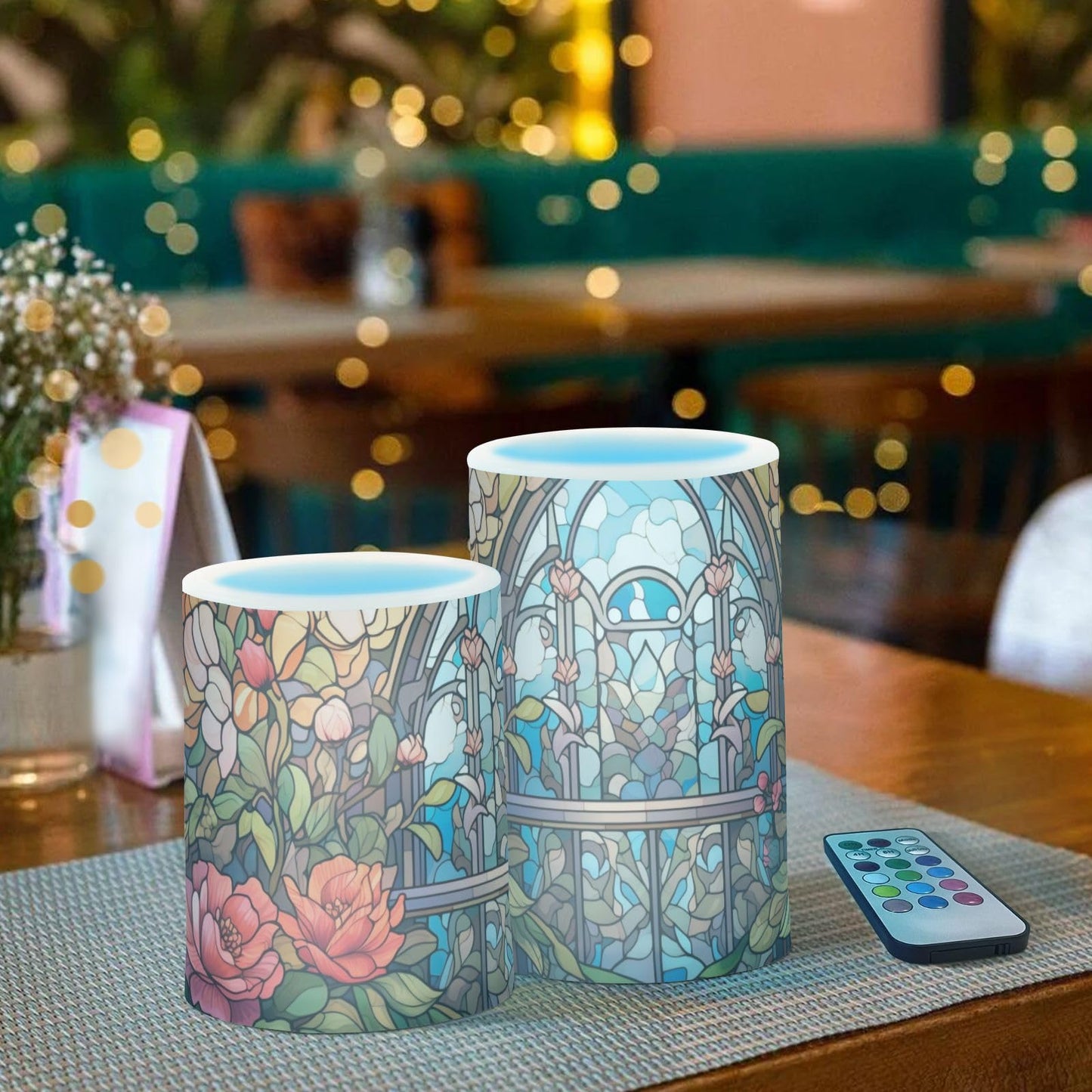 QGBYMX Stain Glass Bird Floral Flameless Candles with Remote - No Batteries Included, 3” Battery Operated Candles Flickering with Timer for Outdoor Lanterns Porch, Set of 2