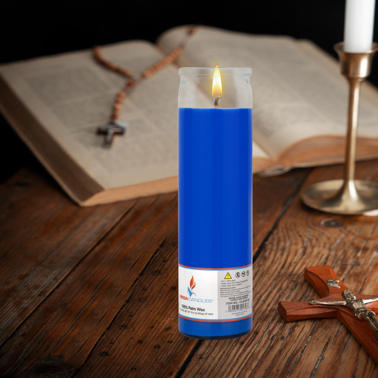 Mega Candles 1 pc Unscented Blue Glass Container Devotional Prayer Candles, Shortening Wax Candle 2 Inch x 8 Inch, Sanctuary, Vigils, Prayers, Spiritual, Blessings, Religious, Altar, Remembrance