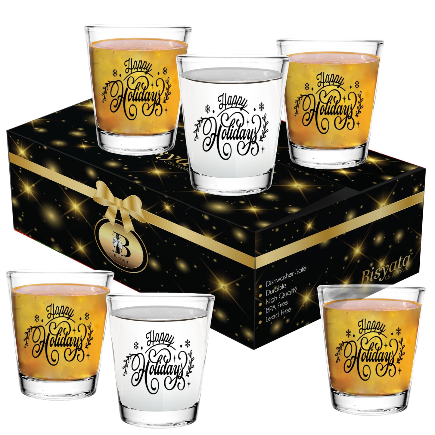Bisyata Christmas Shot Glass Gift Set - Happy Holidays - For Thanksgiving - Glass Drinkware or Votive Candle Holder for Table Decoration - 2oz Set of 6 With Gift Box