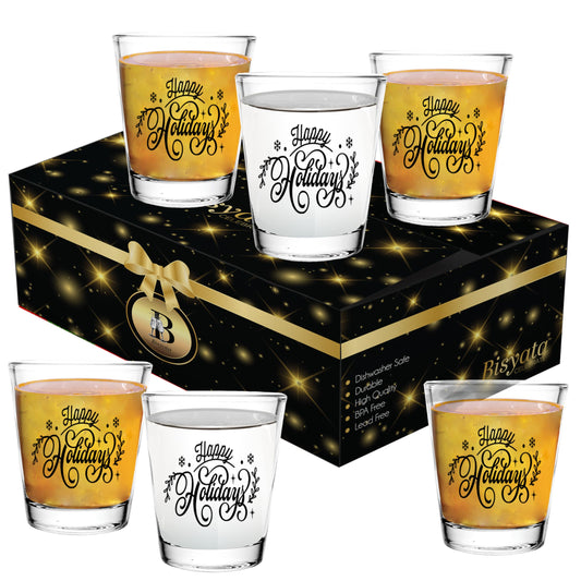 Bisyata Christmas Shot Glass Gift Set - Happy Holidays - For Thanksgiving - Glass Drinkware or Votive Candle Holder for Table Decoration - 2oz Set of 6 With Gift Box