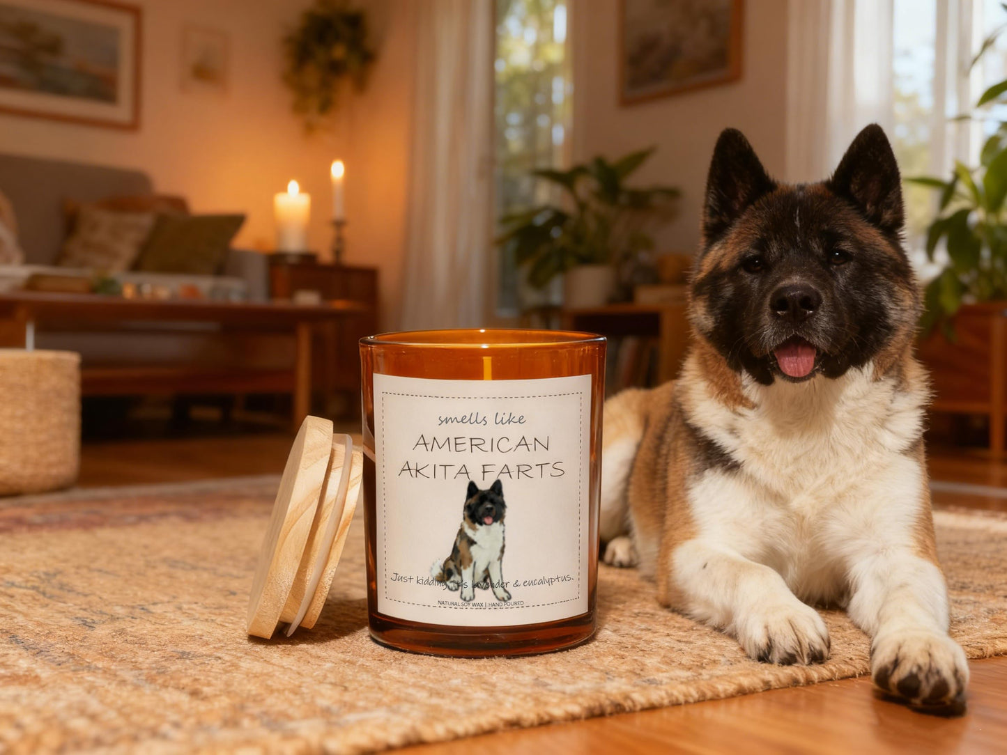 American Akita Gifts & Decor, Dog Mom Gift for Women, Smells Like American Akita Farts Candle - Lavender & Eucalyptus, Crafted by Natural Soy Wax & Natural Essential Oils