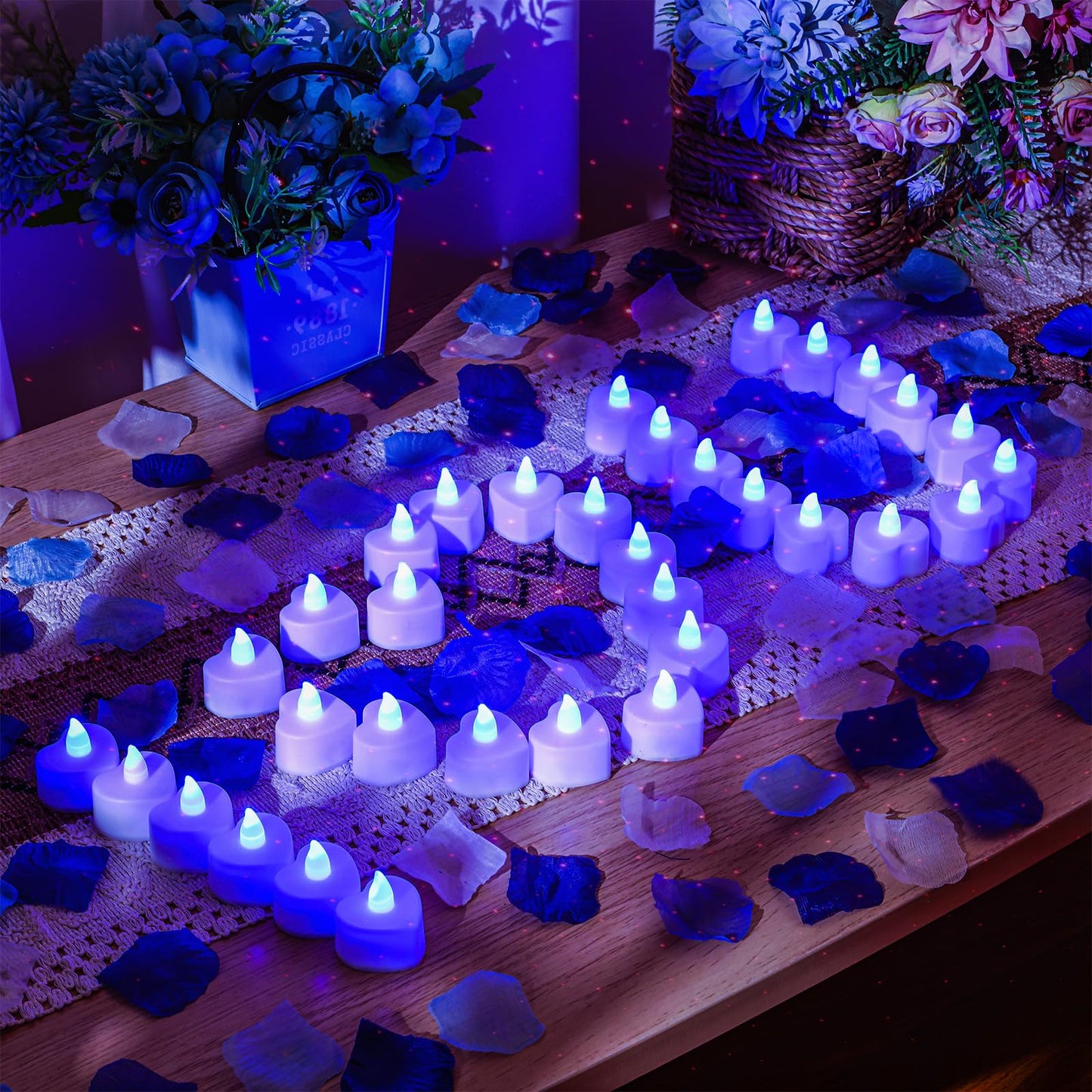 VIHOSE 4000 Pcs Artificial Rose Petals with 24 Pcs LED Tea Lights Candles Flameless LED Candles Fake Rose Petals for Wedding Birthday Party(Blue Light, Vivid Color Petal)