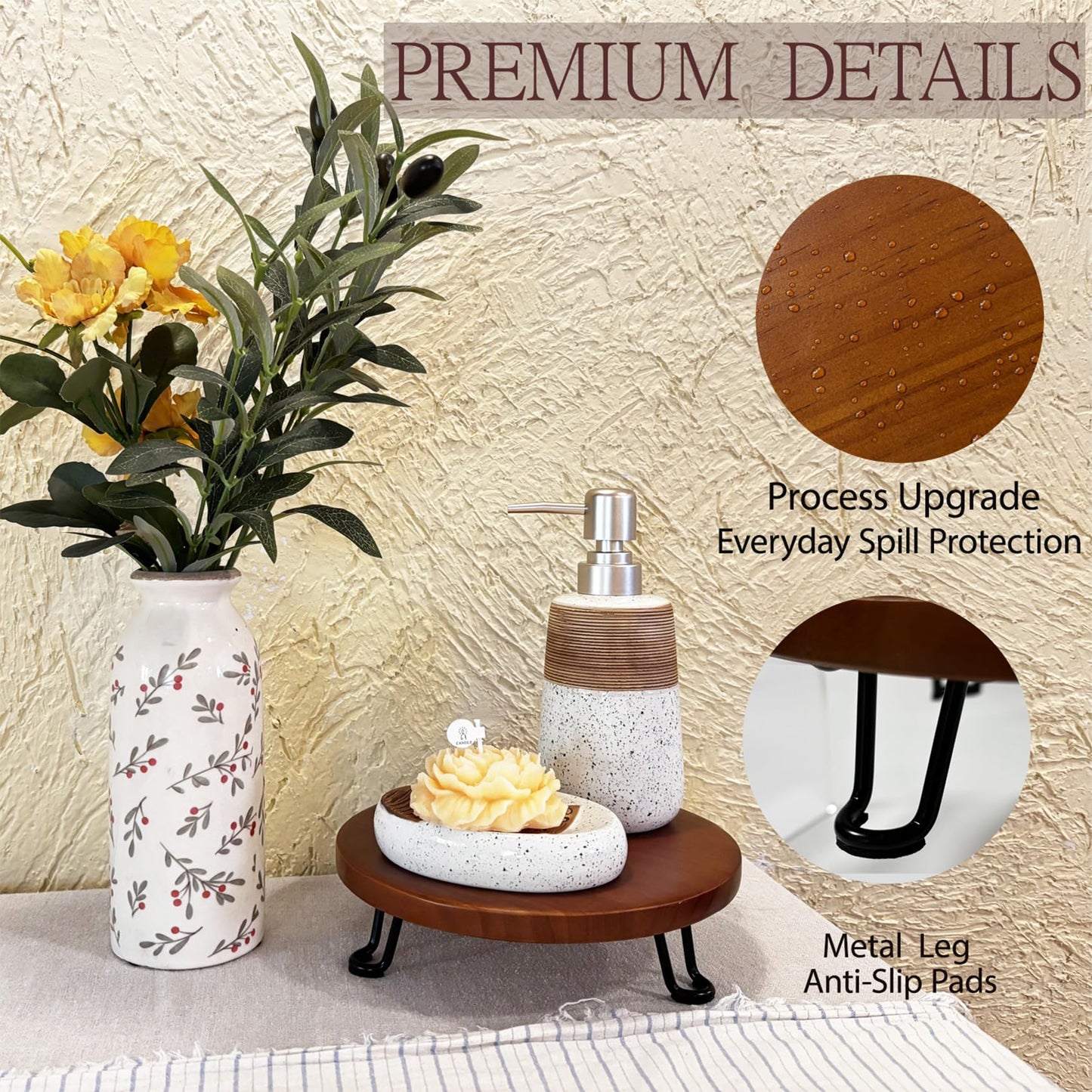 Banrinly 8 Inch Round Wood Riser with Metal Legs - Decorative Pedestal Tray Stand for Countertop Organizer - Farmhouse Boho Style Display Stand for Kitchen, Bathroom, Coffee Bar