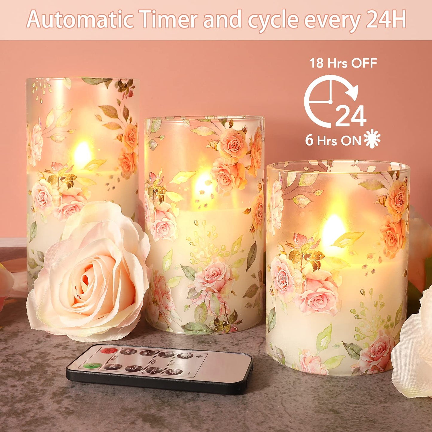 PETRISTRIKE Pink Flameless Candles with Remote Timer, Flickering Glass Candles, Love Themed Decor Battery Led Pillar Candles, Rose Table Ornaments for Mother Gifts,Valentine's Day, Centerpiece