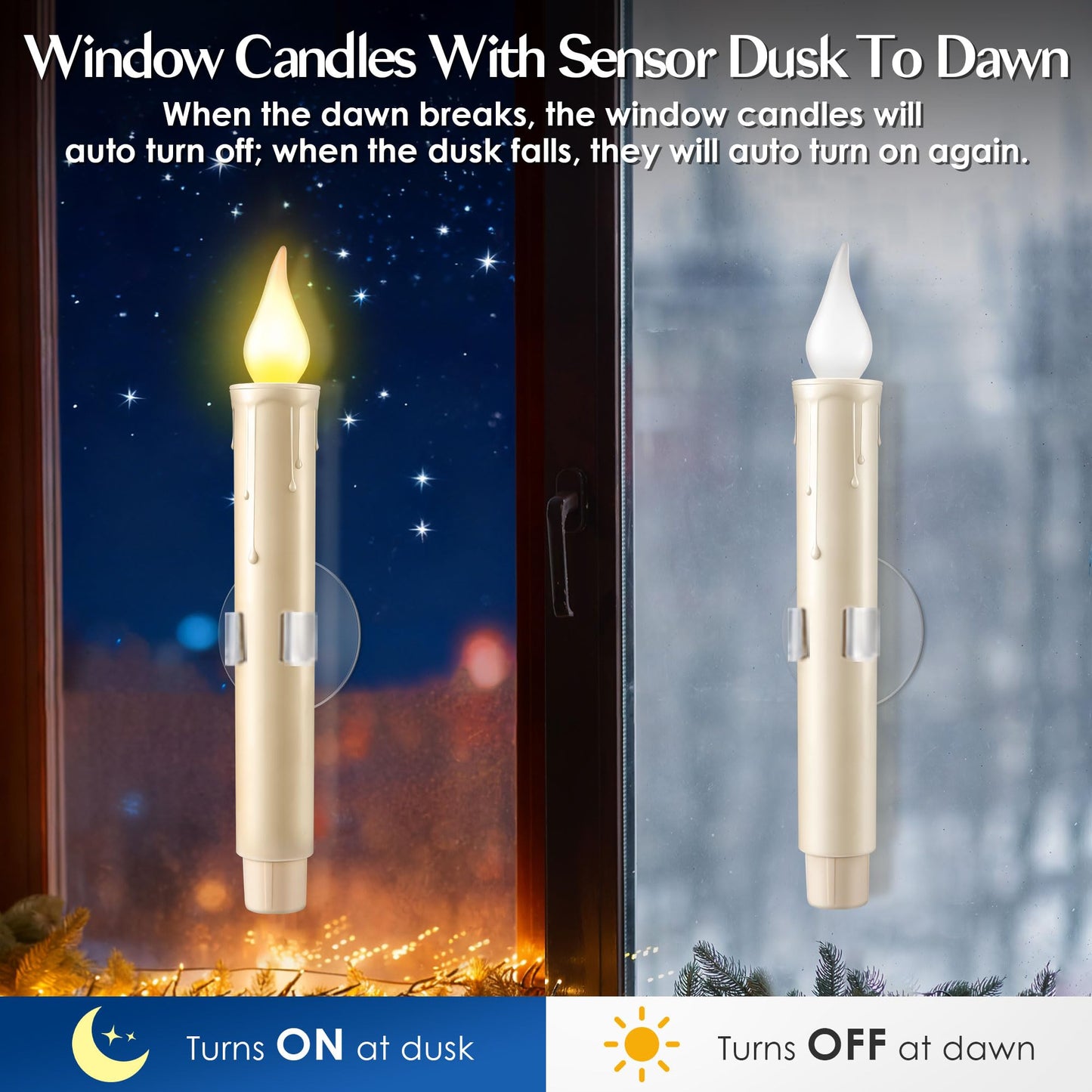 Enhon 18 Pcs Battery Operated Window Candles, Ivory LED Christmas Window Candles with Sensor Dusk to Dawn, Cordless Flameless Taper Candlestick with Battery & Suction Cup for Xmas Wedding Decorations