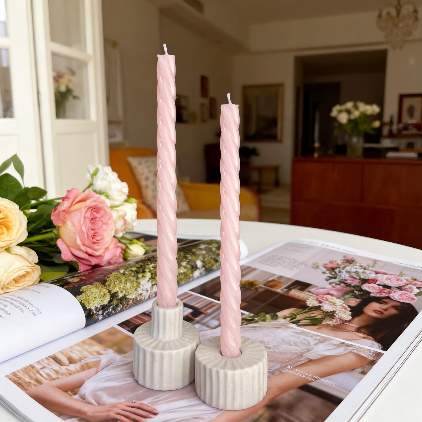 Pink Spiral Taper Candles 10 Inch, 8 Pack Unscented Long Burning Candlesticks for Wedding, Quinceanera, Baby Shower & Party Decor (Blush Pink)