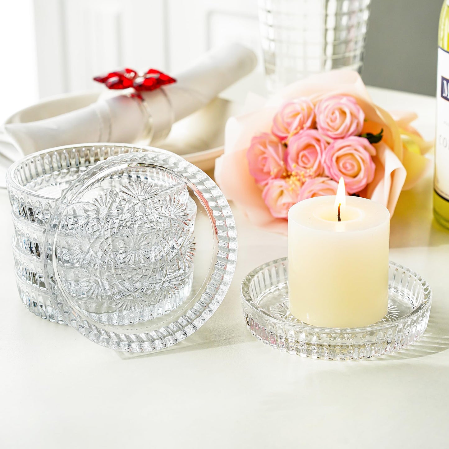 kanpura Round Glass Candle Holder Plates Clear Glass Snowflake Pattern Votive Candle Holder Plates Glass Coasters for Christmas Winter Party Table Decor, Set of 6