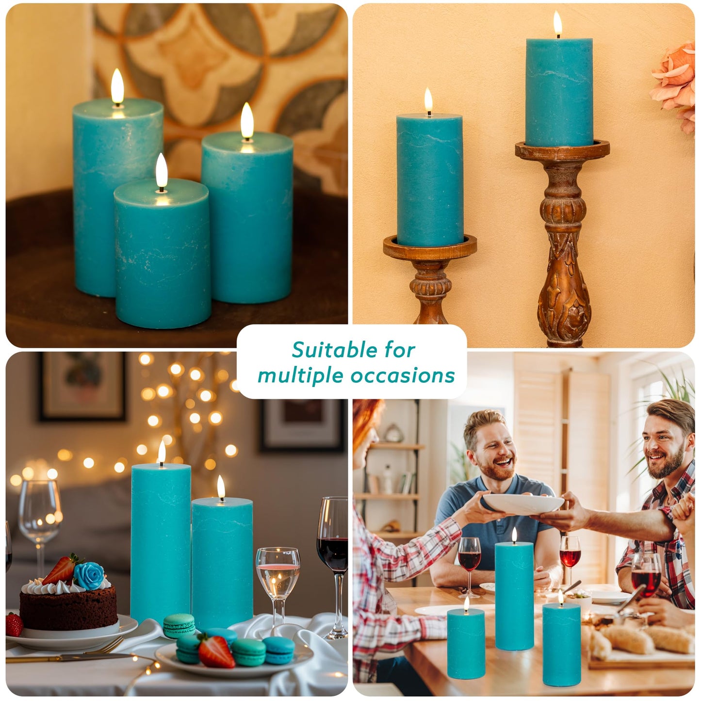 AFINETH Teal Flameless Pillar Candles, Battery Operated Candles with Remote, Real Wax Flickering LED Candles for Home Party Wedding Holiday Decor, Set of 4, Φ 3" H 4" 5" 6" 8"