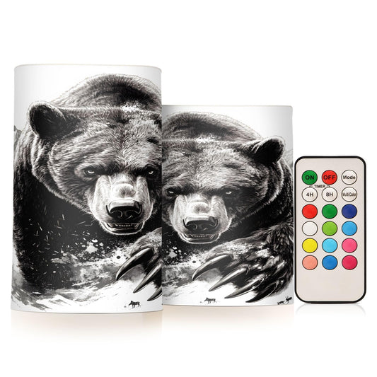 ALAZA Bear Black White Flickering Flameless Candles Pillar Led Candles Battery Operated Candles with Remote and Timers Set of 2