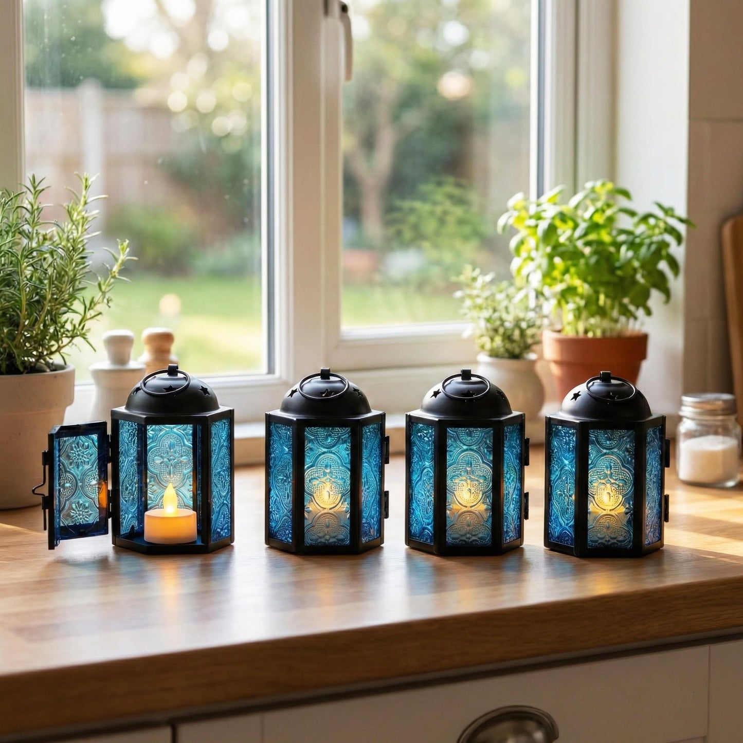 Vela Lanterns Tea Light Candle Holders, Votive Holders, Mini Moroccan Lamps, Decorative Metal Hanging Candle Lantern, Table Centerpieces, Small Indoor Shelf Decor, Turkish Ramadan Decor, 16pc, Blue