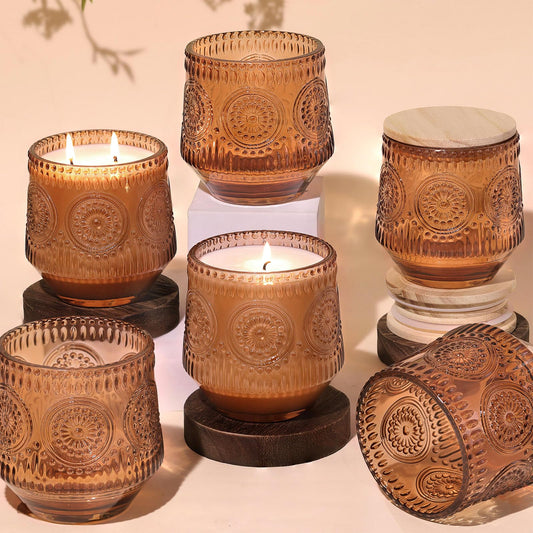 LAMORGIFT 6 Pack Terracotta Candle Jars for Making Candles- Large 13.5oz Glass Jars with Wooden Lids and Labels, Empty Candle Jar Containers Vessels for Candle Making Supplies