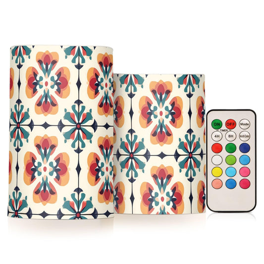 Grgvtei Flameless Candles Vintage Symmetrical Pattern Flickering LED Pillar Candles with Remote & Timer, Battery Operated Set of 2 Warm Glow for Wedding Party Home Decoration