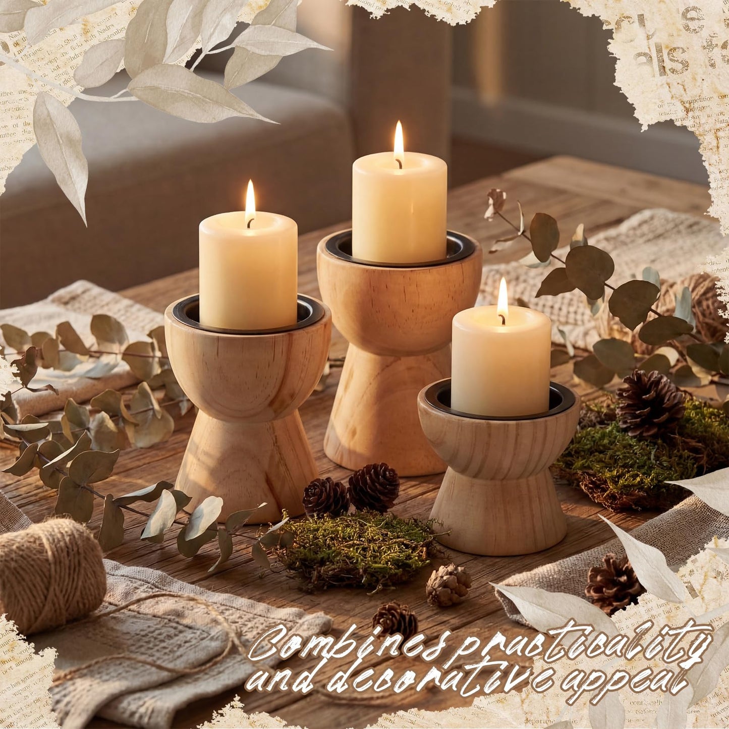 Mifoci Farmhouse Wooden Candle Pillar Holders Set of 3, Rusitc Brown Candle Holders for LED Flameless Pillar Candles Solid Wood Candlesticks Pedestal for Fireplace Mantle Table Centerpiece Decor