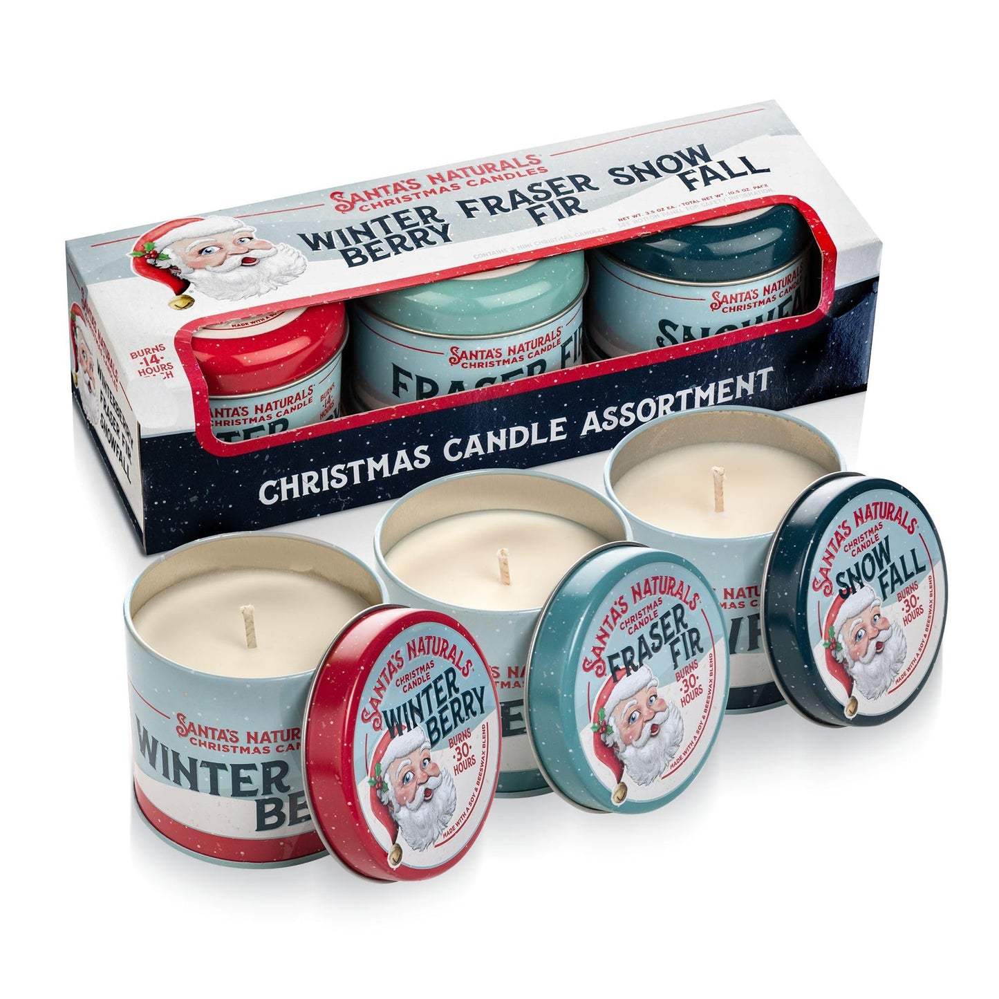 Santa's Naturals Christmas Candle Bundle, Fraser Fir, Winter Berry & Snow Fall Scents, Soy & Beeswax, 30-Hour Burn Time, 9oz, 3-Pack