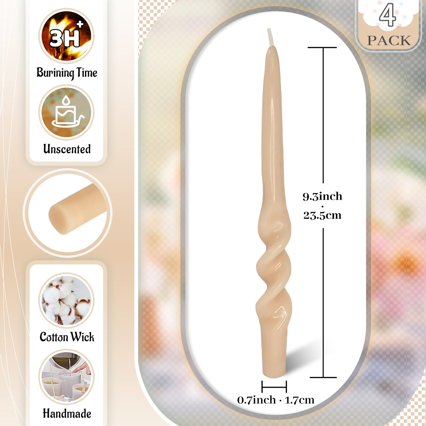 FLAMMUL Long Stick Candles Candlesticks - 9.5 Inch Spiral Taper Candles 4PCS Gradient Brown Tapered Candles Handmade Candlestick for Home Decor Wedding