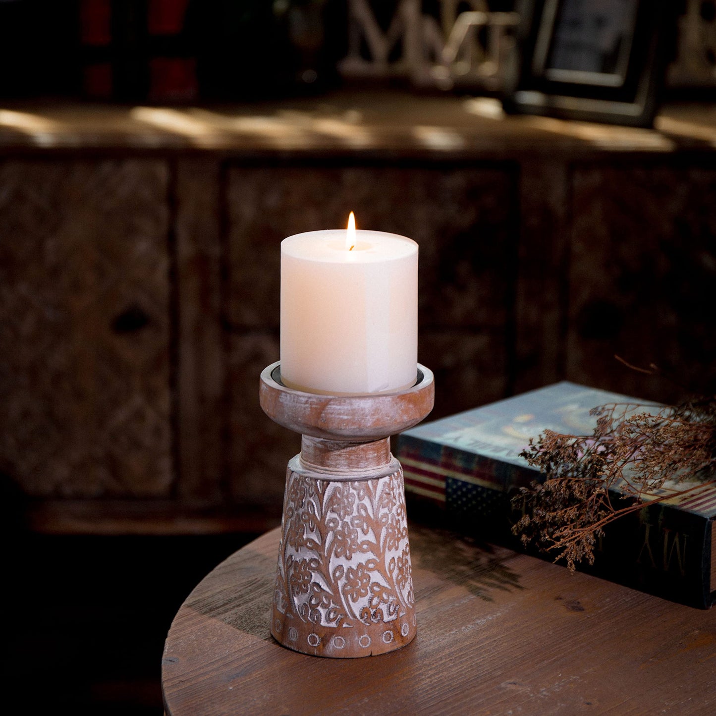 SOFE Handcarved Pillar Candle Holder Mantel, Farmhouse Wood Candle Holders, 6 Inch Tall Rustic Candle Holder for Dining Table Centerpiece Decor, Wooden Brown Candle Stands for Living Room, Bedroom