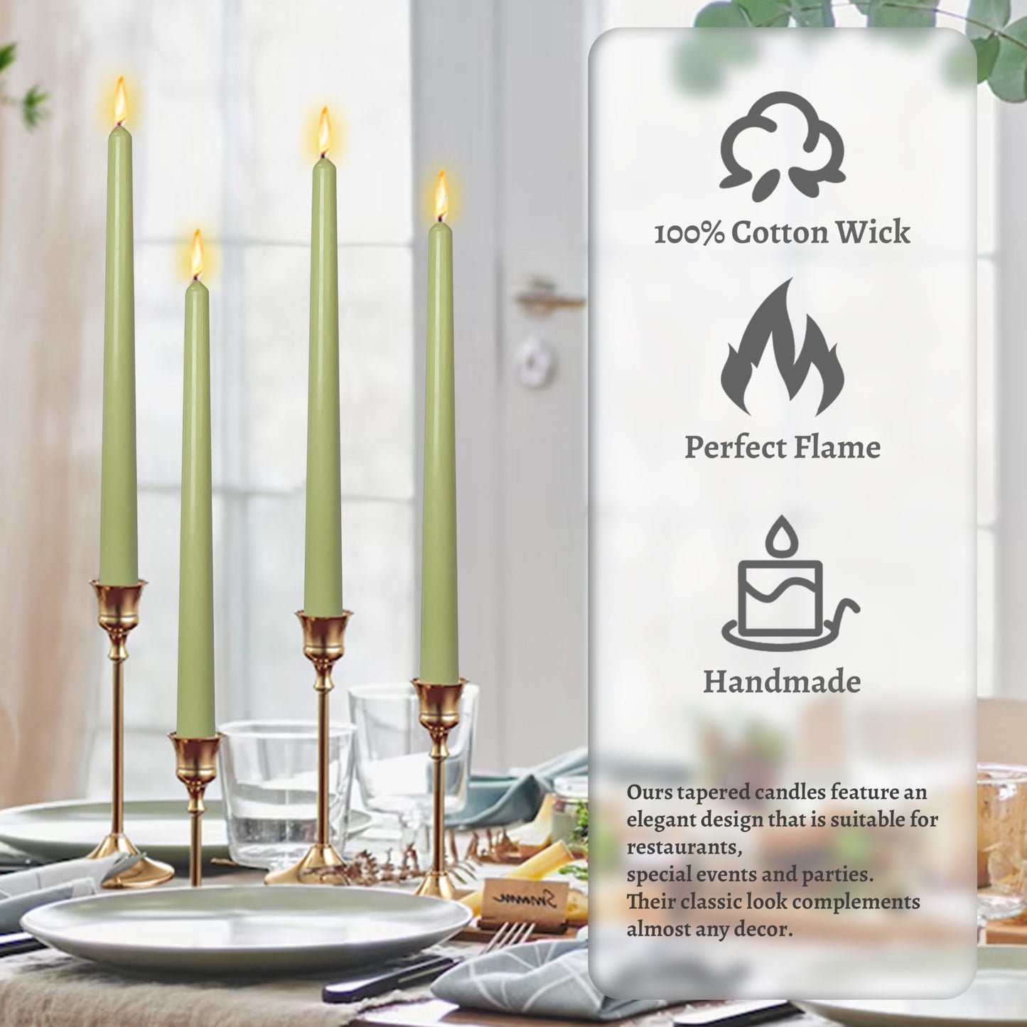 Smokeless Unscented Grass Green Taper Candlesticks Long Lasting Burn 10 Inch Elegant Aromatherapy Candles for Home Décor Holiday Gift Sets