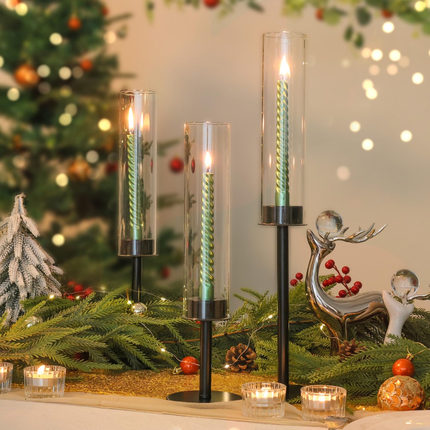 Ronasip Hurricane Candle Holders Set of 6 Metal Candlestick Holder for Glass Taper Tall Candle Holders with Crystal Chimney Tube Candles Stands for Home Decor, Christmas, Dinning (6, Black)
