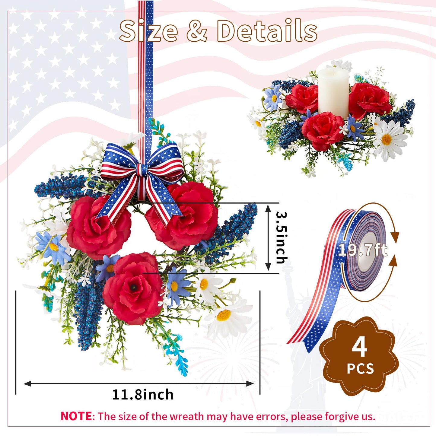Mini 4th of July Wreath 4Pcs, 11.8 Inch Small Patriotic Wreath with Ribbon, Artificial Rose Lavender Daisy Wreath, Hanging/Tabletop/Candle Ring Decor for Home Front Door, Porch, Wall, Window, Cabinets