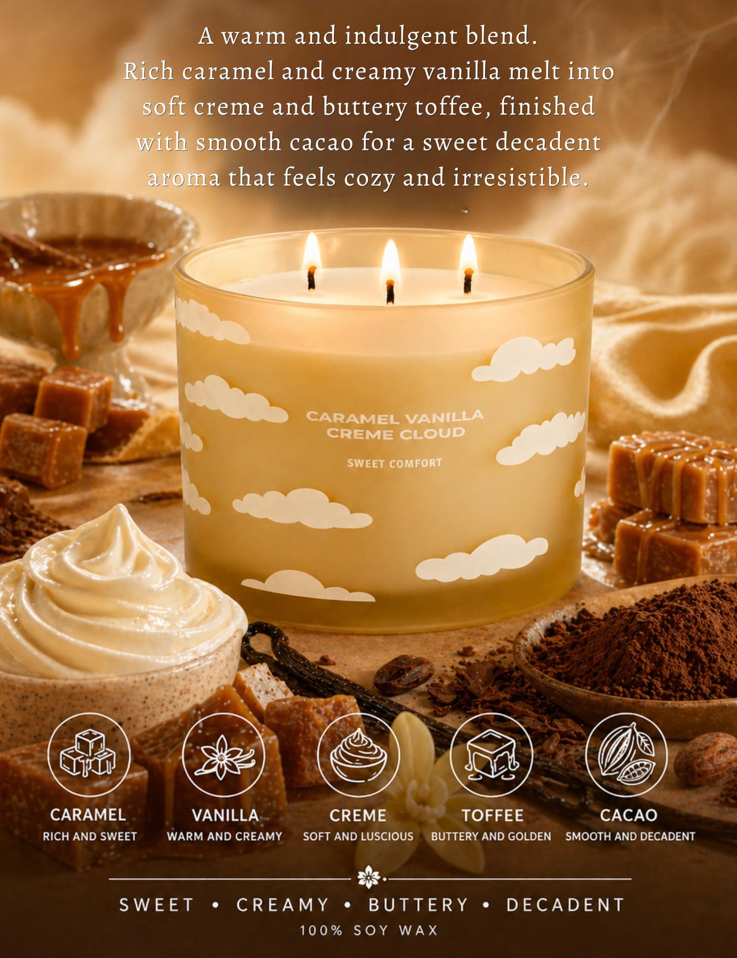 Caramel Vanilla Creme Scented Candle | Large 3 Wick Scented Soy Candle for Home | 14.5oz Warm Vanilla Caramel Candle | Creme Brulee Toffee Candles | Long Lasting Clean Burn | Gift for Women & Men