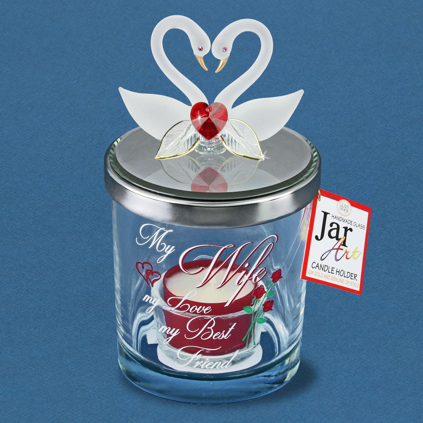 Glass Baron Candle Holder Jar, Blown Glass Swans in Love Lid with 22K Gold & Austrian Crystal Accents, 5.5 x 3 inches