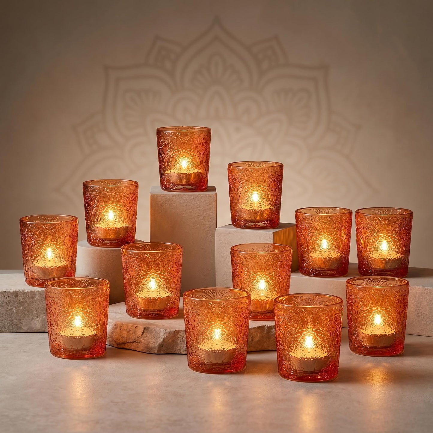 12 Pack Mandala Embossed Glass Candle Holders – Votive Tealight Holders with Patent Design, Decorative Embossed Glass Cups for Wedding Centerpieces, Parties, and Home Décor (Pumpkin Spice)